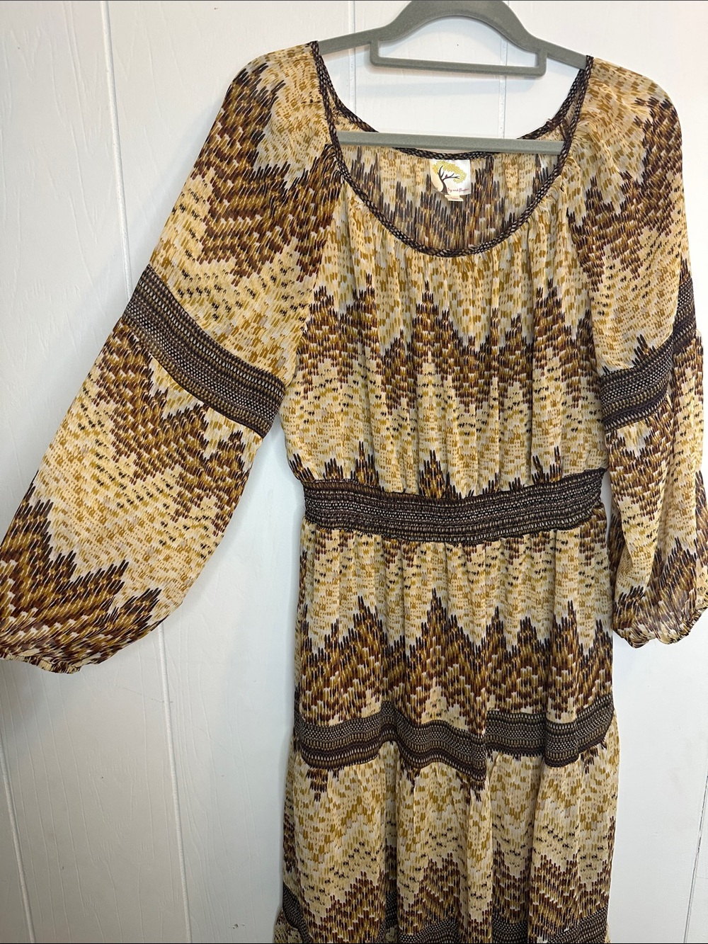 fig and flower Long Sleeve Boho Tiered Dress in Beige and Brown